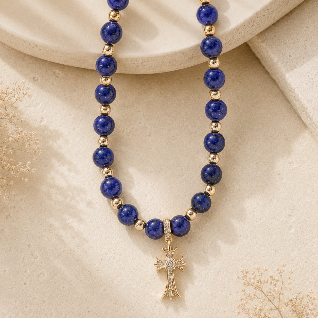 Natural lapis lazuli bead necklace with cross pendant full view