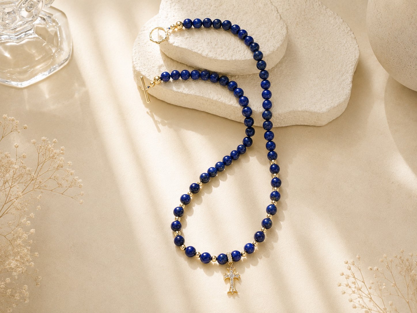 Seninio blue lapis lazuli cross pendant necklace lifestyle detail