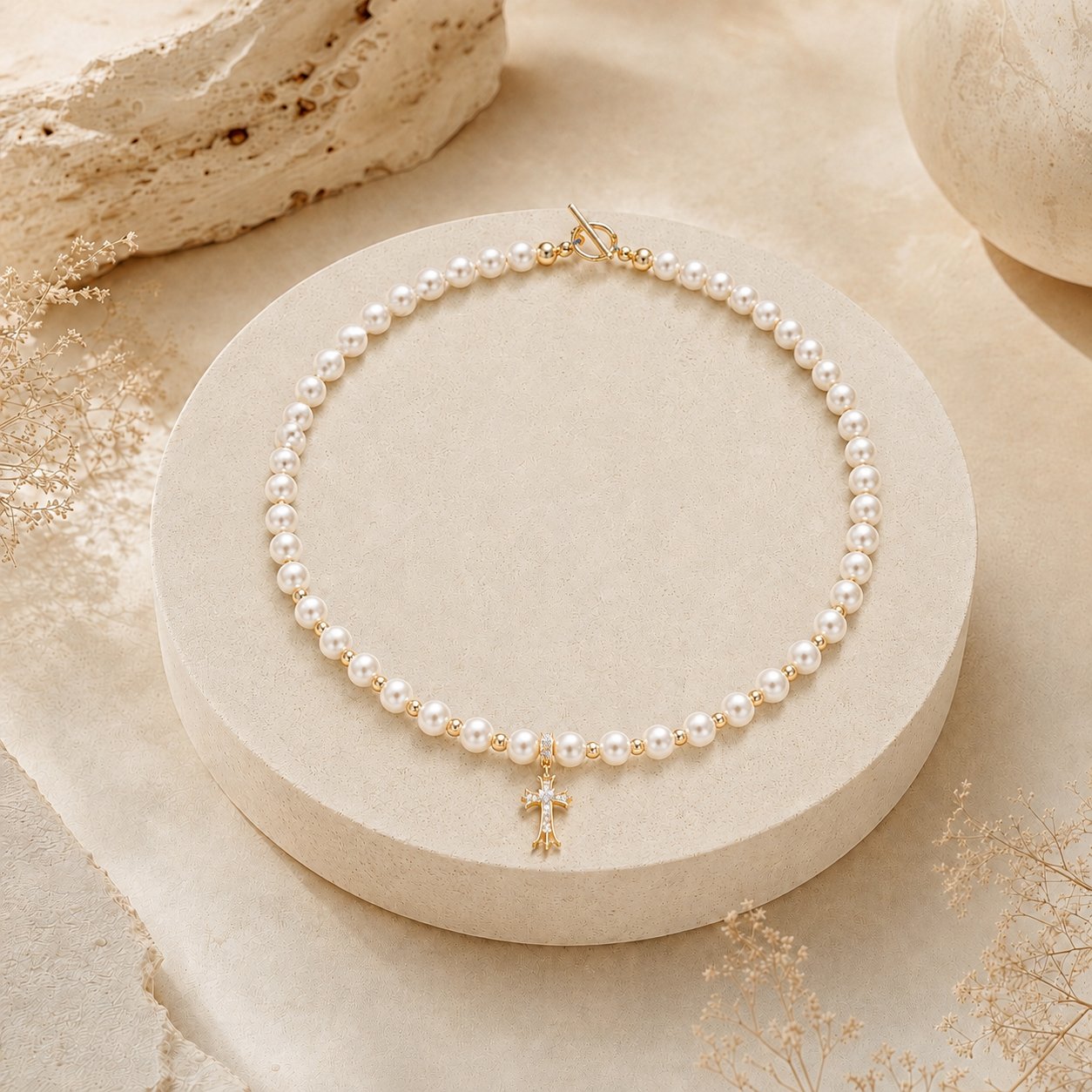 Natural pearl necklace with gold-tone spacers and a cross pendant on an ivory stone display