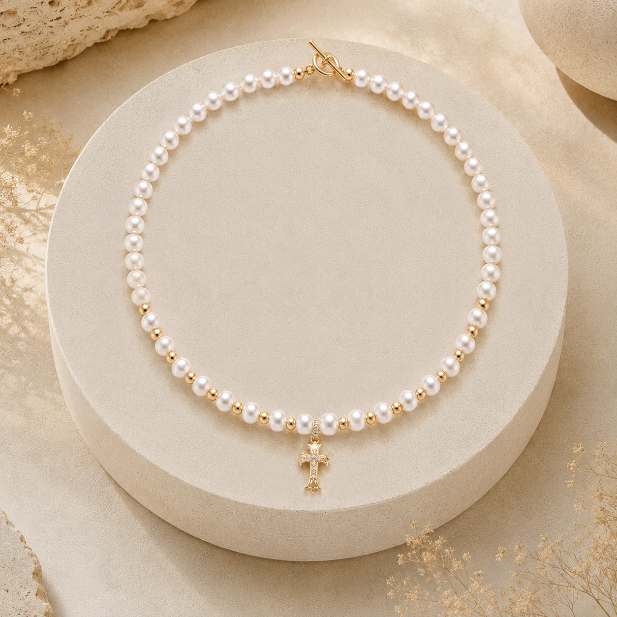 Full view of a natural pearl necklace with a gold-tone toggle clasp and cross pendant