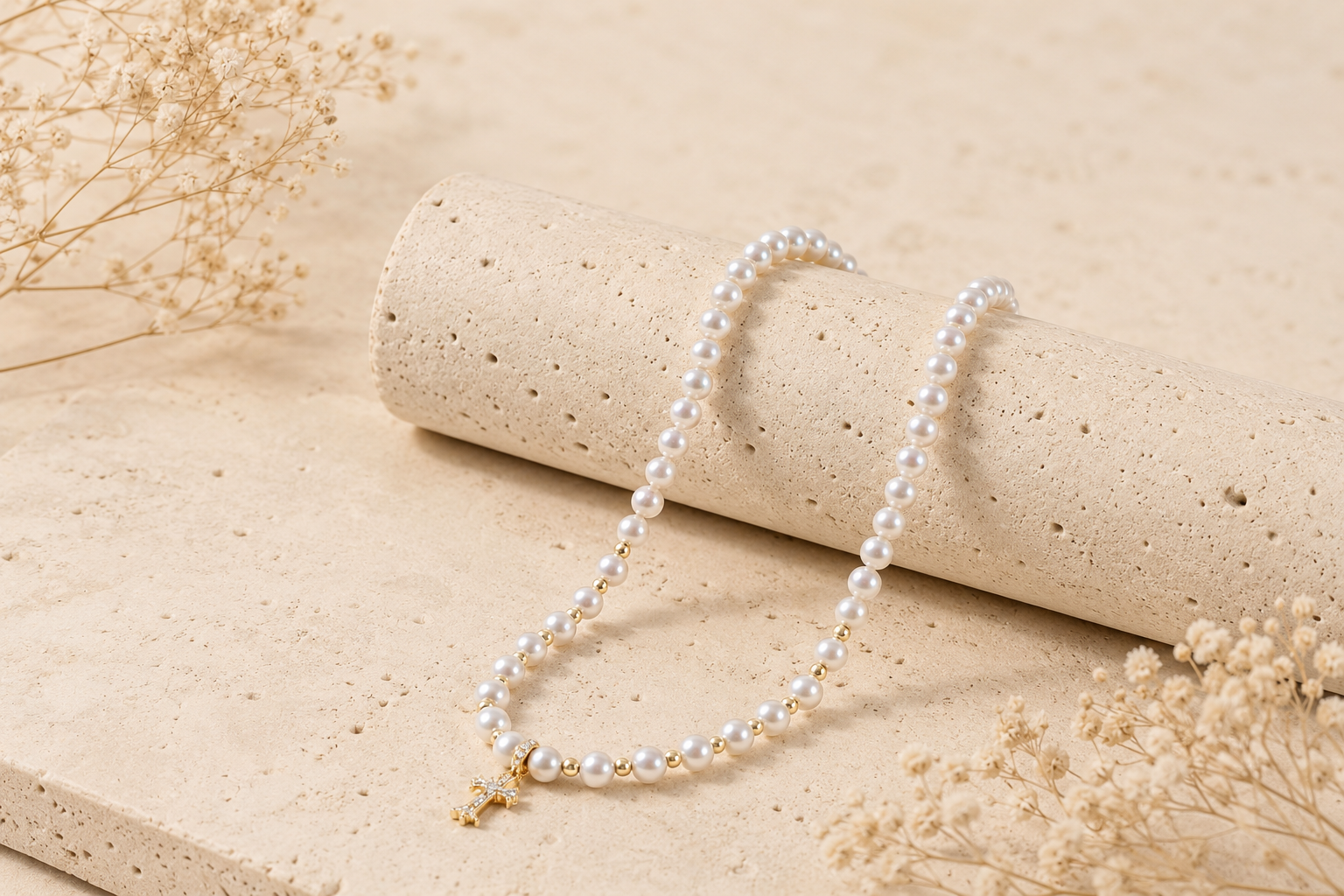 Natural pearl and gold-tone cross pendant necklace styled on warm ivory travertine