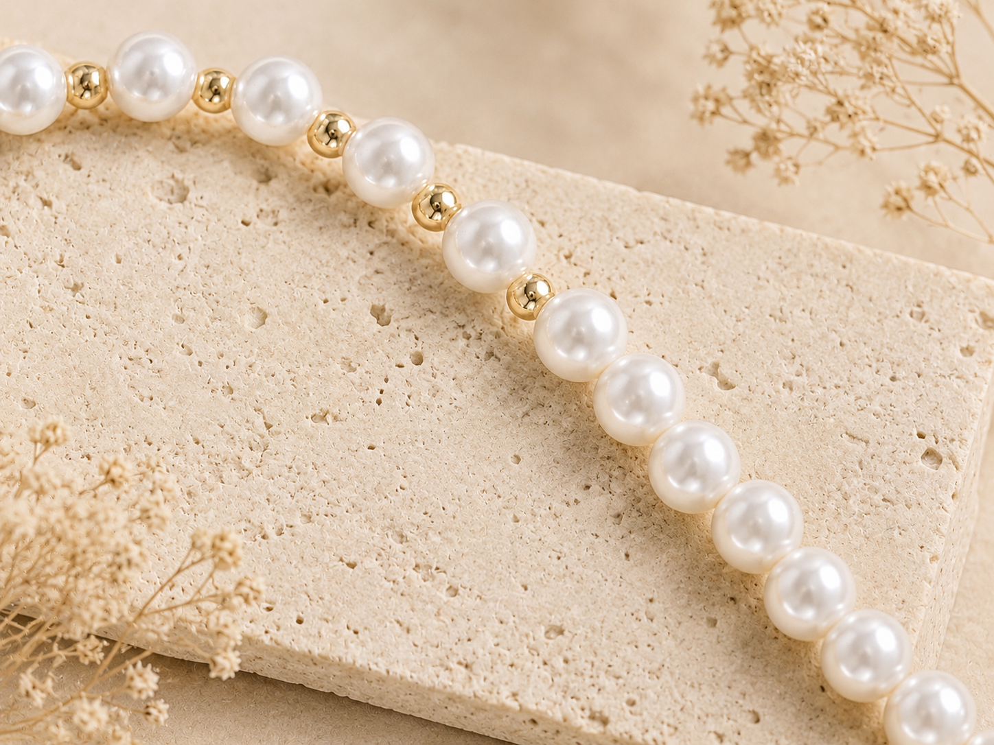 Close detail of luminous natural pearls and polished gold-tone spacer beads