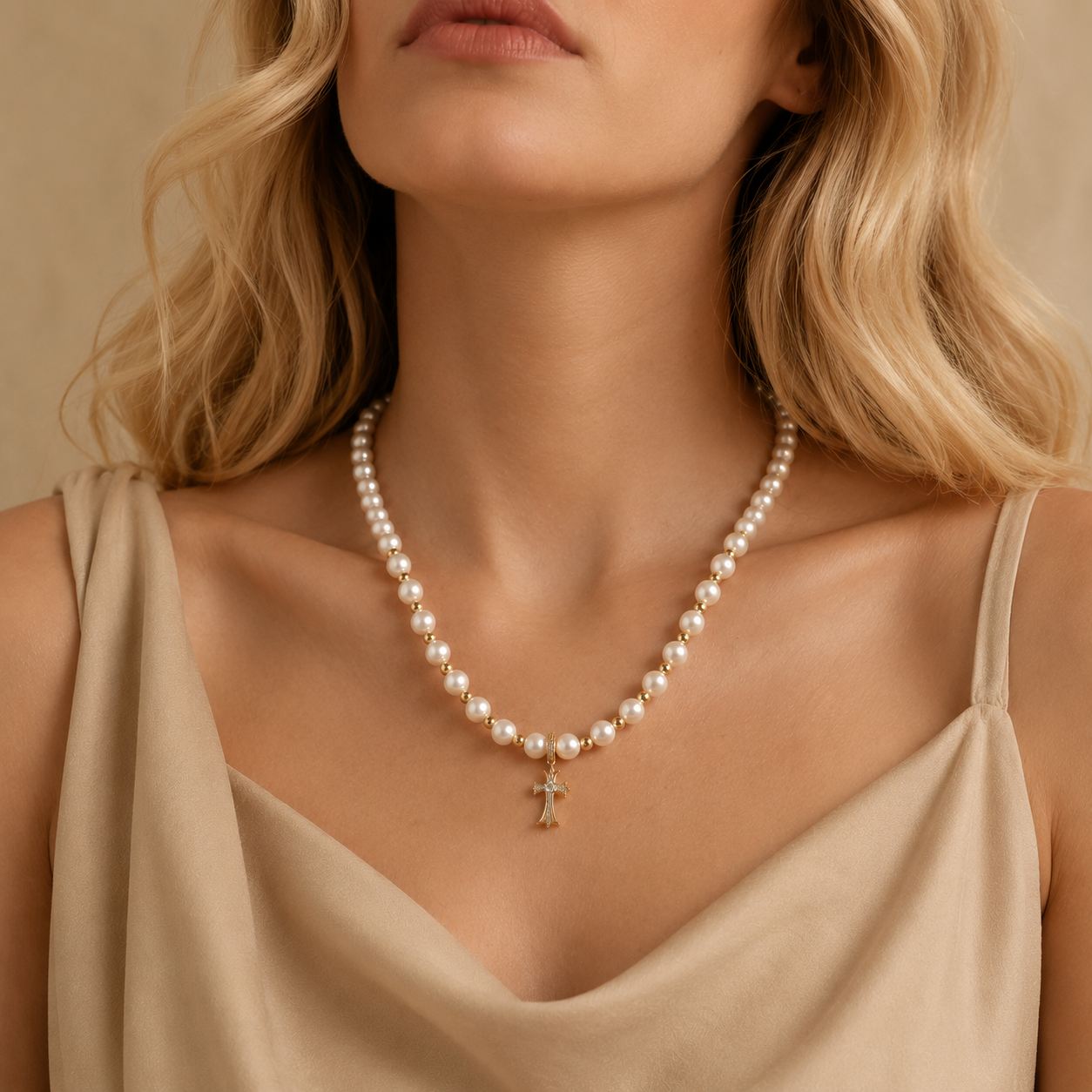 Woman wearing a natural pearl necklace with gold-tone accents and a cross pendant