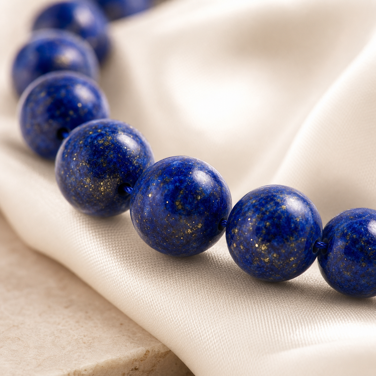 Macro view of first-grade royal blue lapis lazuli beads on ivory silk