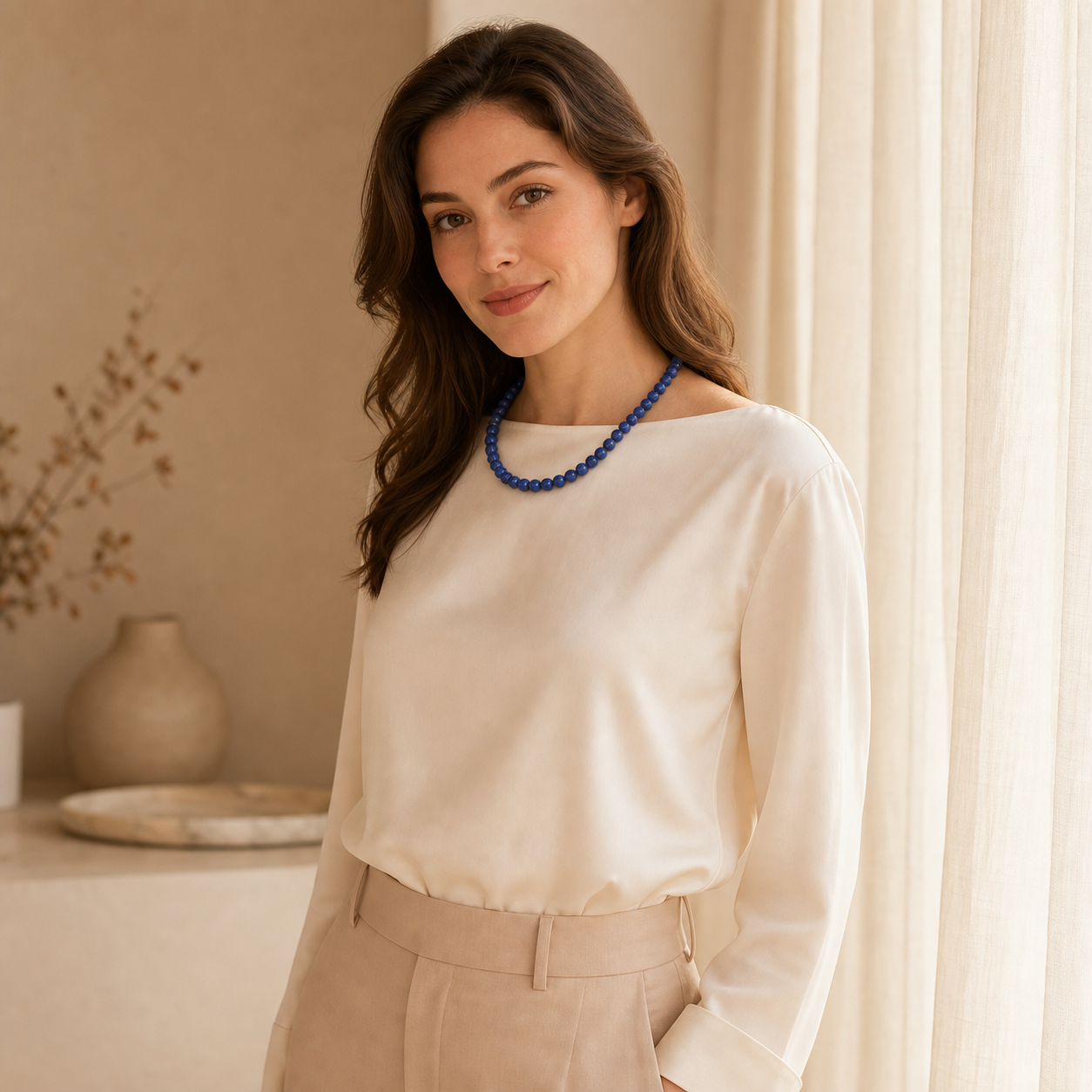 Wide lifestyle portrait with a royal blue lapis lazuli bead necklace